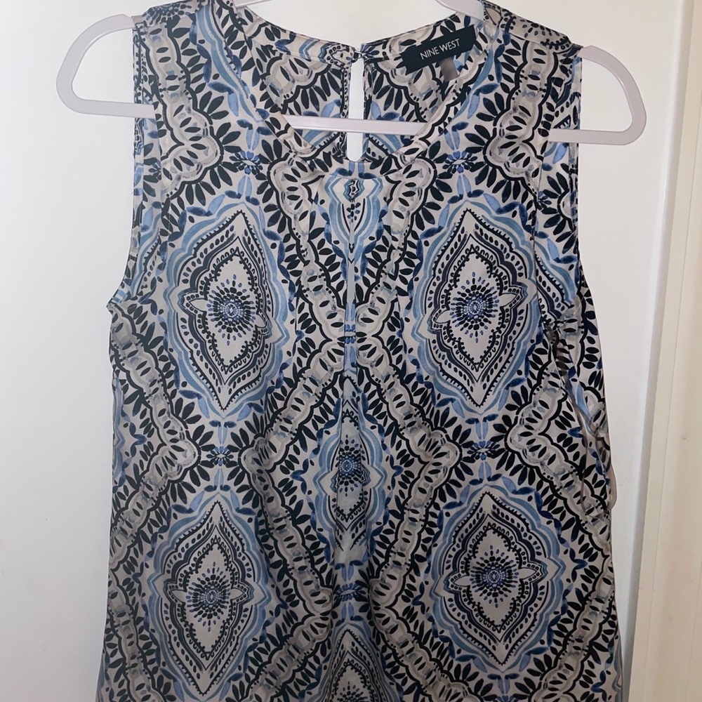 Silky blue and white no sleeve work top